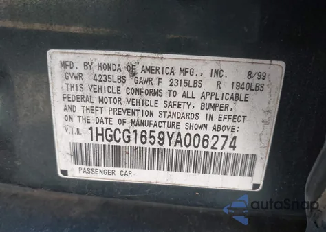 2000 Honda Accord 3.0 Ex from USA, damaged, VIN 1HGCG1659YA006274